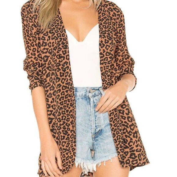 Beach Riot tan black leopard animal print lightweight open front coverup blazer - Picture 1 of 6